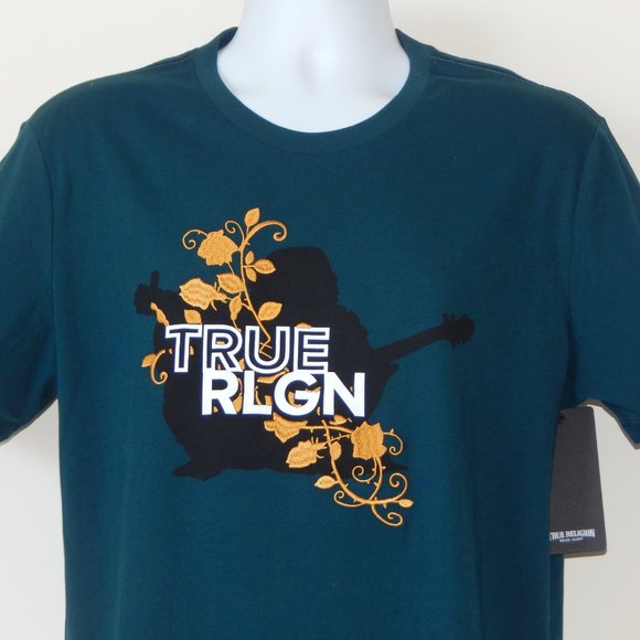 NWT MEN TRUE RELIGION Embroidered Vines Graphic Deep Turquoise T Shirt - Picture 3 of 4